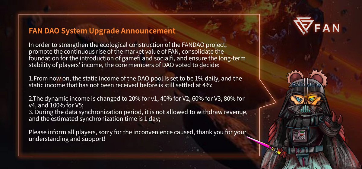 BALINSTONE's tweet photo. In order to strengthen the ecological construction of the FAN project, promote the continuous rise of the FAN market value, and ensure the long-term stability of players' income, the FANDAO technical team will upgrade the system in an all-round way. https://t.co/Uzo8g54wtG