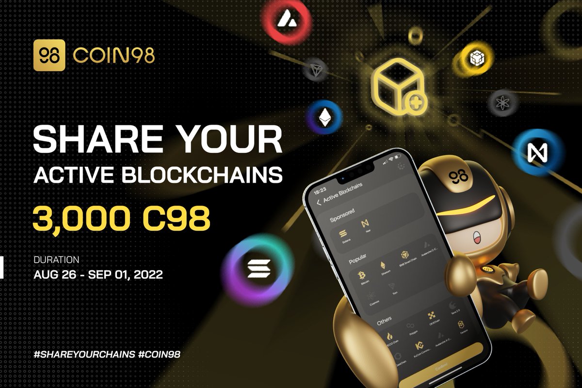 coin98_wallet's tweet photo. Try out the “Active blockchains” feature and share your experience in the event “Share Your Active Blockchains" to win 3,000 #C98 🎁
 
⏲️ Duration: 04:30 PM (UTC+7) Aug 26 – 11:59 PM (UTC+7) Sep 1, 2022
 
Join now 👇
https://t.co/bq1fAZJfce https://t.co/1T0uNHpZlM