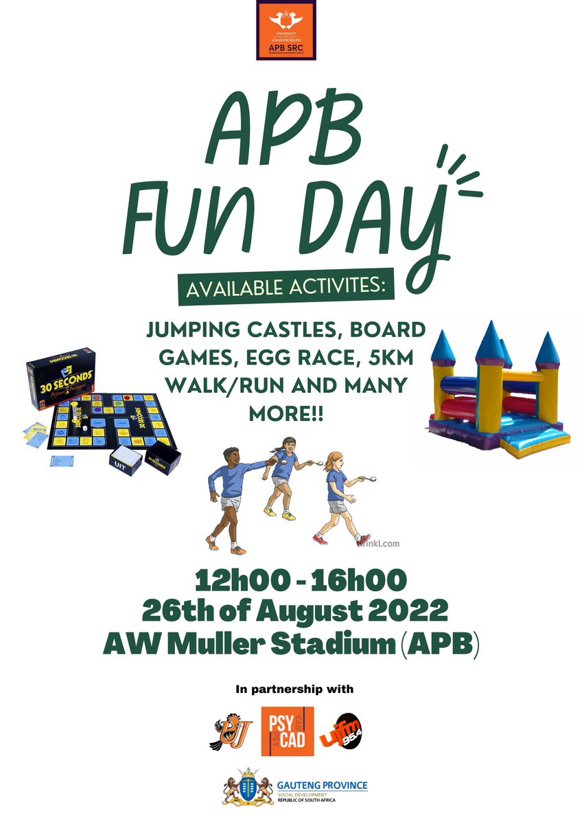 UjapbS's tweet photo. Join us today at AW Muller Stadium(APB) for a fun day❤️ ENTRANCE IS FREE💃🎉

In partnership with:
@UJ_Sport
@PsyCaD
@ujfm https://t.co/D2QQMKEVzV