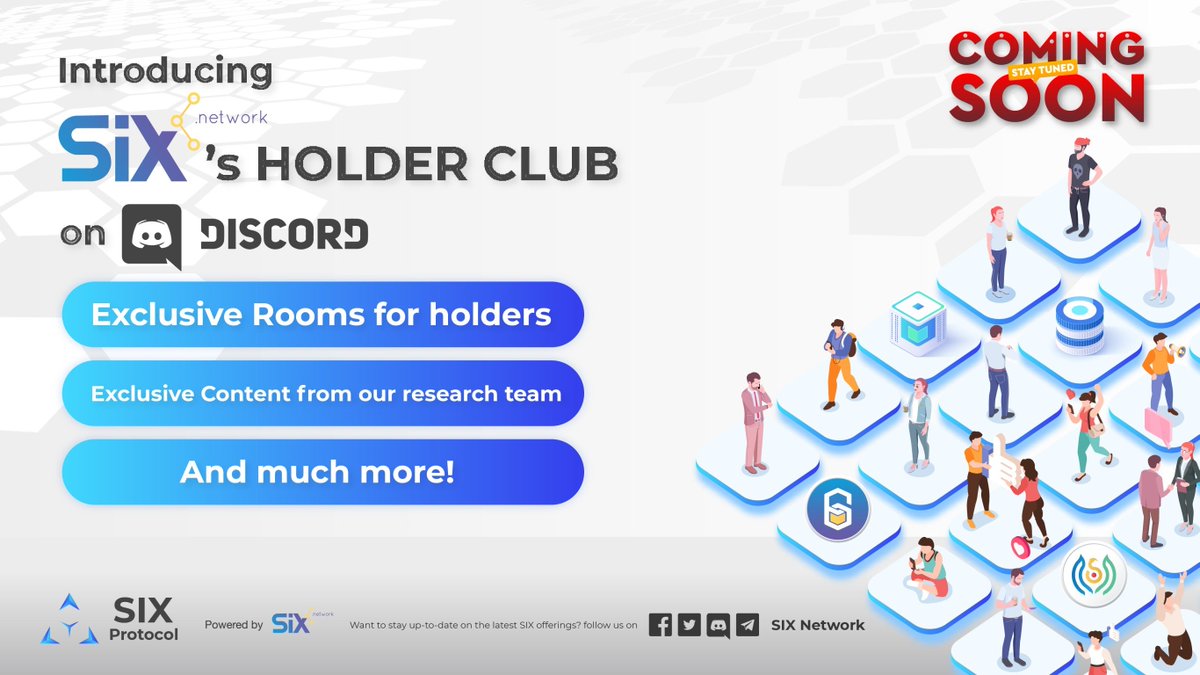 theSIXnetwork's tweet image. SIX Network&apos;s presenting &quot;Holder Club,&quot; an exclusive club for SIX/FINIX holders on our Discord server 💡
.
More details and the launch date is coming next week 🔜
.
Join our community space on Discord here:  discord.gg/kypKmUJv9J 

#SIXNetwork #SIXProtocol #Definix #HolderClub