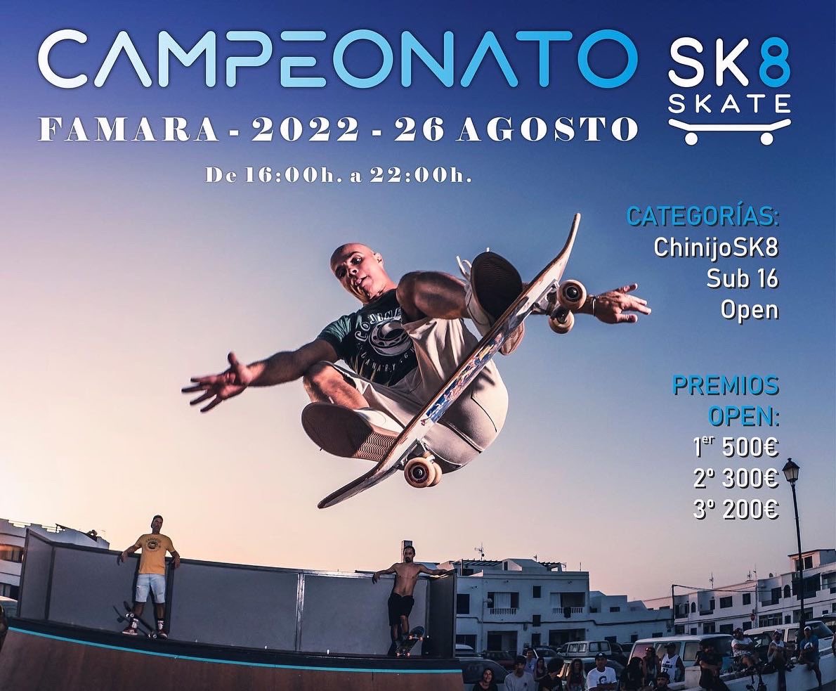 Hoy viernes 26 de agosto en el Campeonato de #skate de La Caleta de Famara! Categoría Chinij@sk8 hasta 10 años y sub16 con grandes premios! Categoría Open con premios de 500, 300 y 200€ para masculino y femenino 🙌🏻 No te lo pierdas 🔝🛹🤟🏻