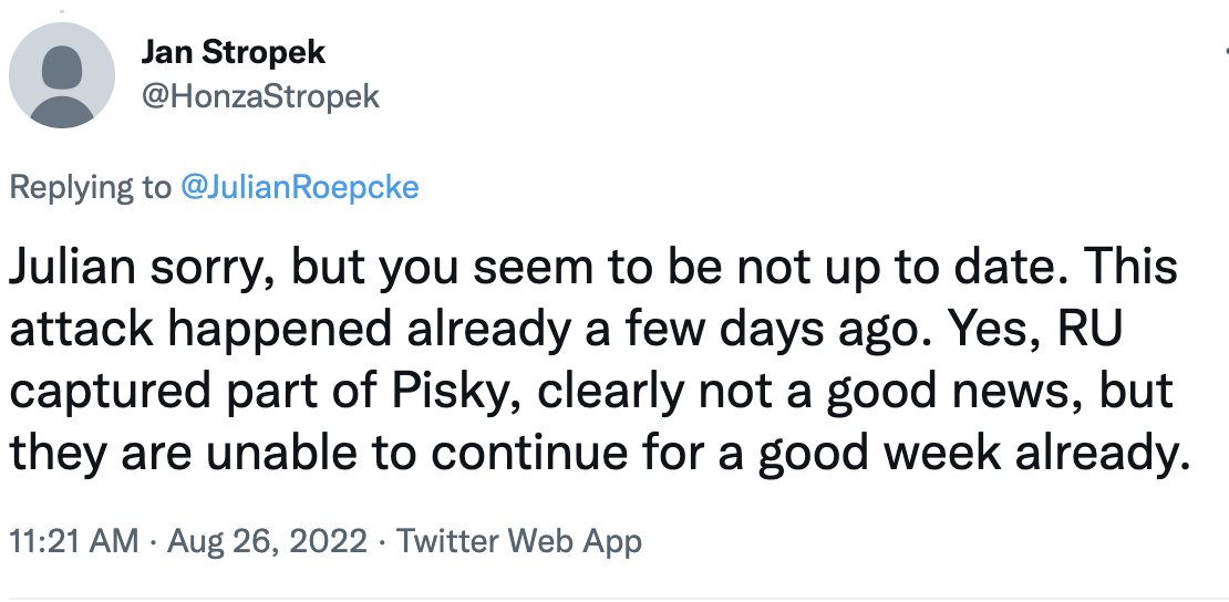 JulianRoepcke's tweet photo. "IT'S OLD!!1!" – Coping strategy on both sides, sadly.
And no. The visual confirmation as well as the Ukr indirect confirmation are from yesterday and came two days after Russians claimed to have fully captured the town. With the latest footage, we can so far refute this claim. https://t.co/DsWUL4nAKH