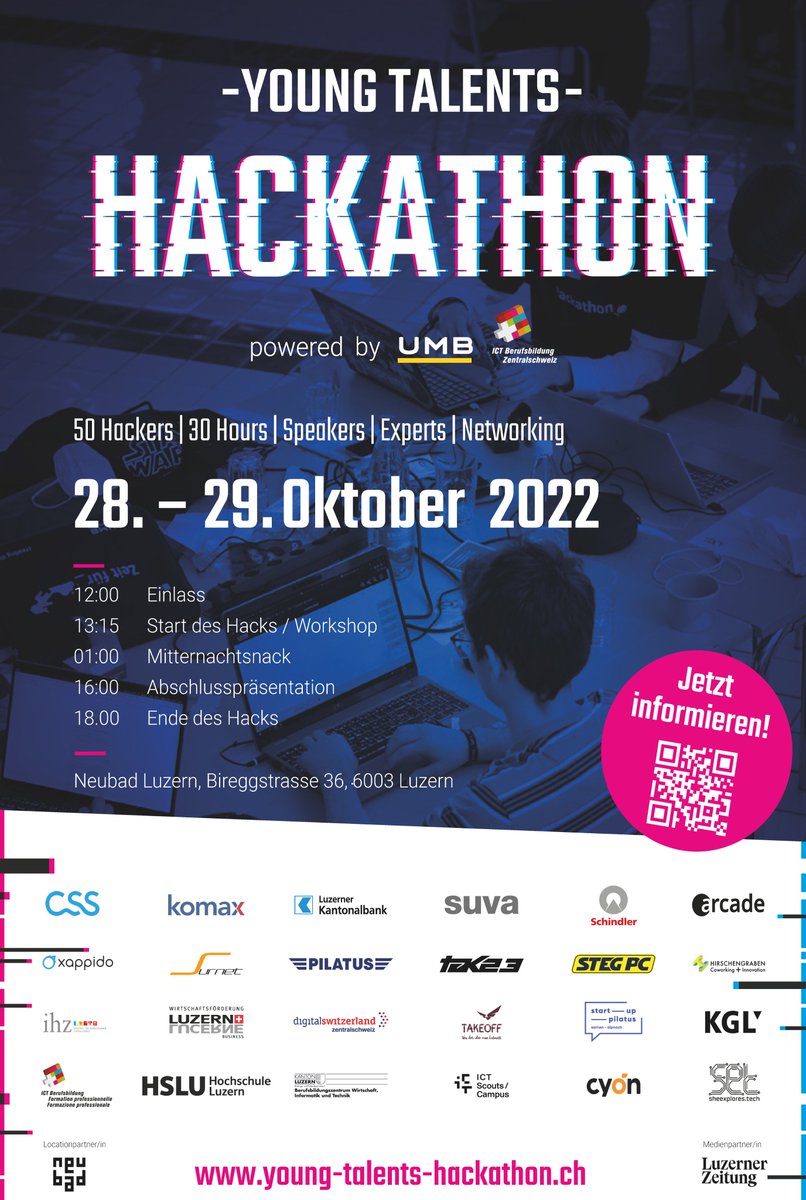 ict_bz's tweet photo. Du bist bereit fรผr neue #Challenges?
Der Young Talents #Hackathon geht am 28. โ 29. Oktober 2022 in die zweite Runde.
๐ Jetzt anmelden: https://t.co/Sar52fmoYx
#Tech #hacking #Projects #Zukunftsberufe #ICT #ICTLehre #Mediamatik #Informatik #WomeninIT #YTH2022 https://t.co/zBhplqxcIS