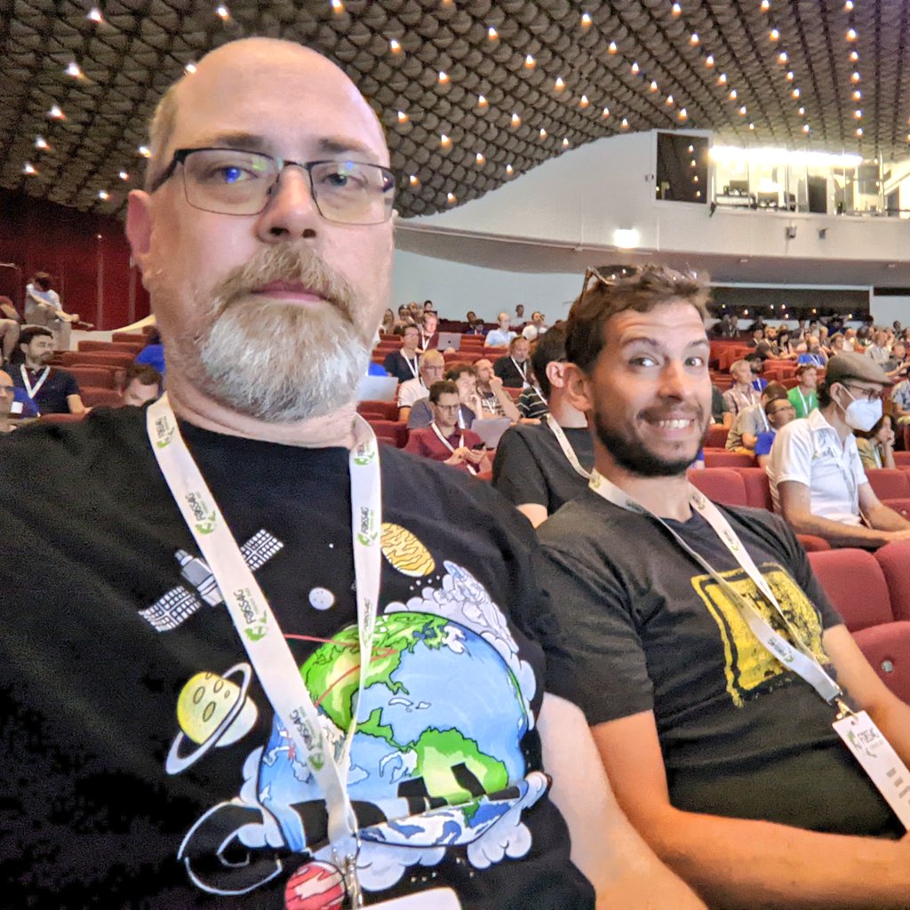 GeoSkeptic's tweet image. Watching @EvenRouault give the State of GDAL talk with @_VincentS_ , and I&apos;m wearing my GDAL shirt thx @mouthofmorrison #foss4g2020
