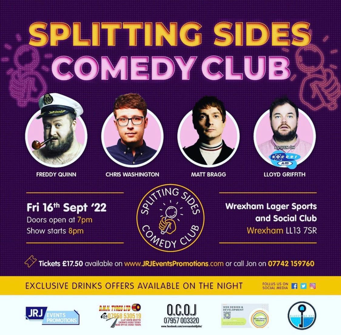 🚨LIMITED TICKETS LEFT!🚨

A huge response for The Splitting Sides Comedy Club, live at the <a href="/wrexham/">Wrexham.com</a> lager club Friday, September 16th! 🏴󠁧󠁢󠁷󠁬󠁳󠁿 

Don’t miss out on Headline act - Sky Sports Soccer AM’s @lloydgriffith 🤣🎤

Tickets available at <a href="/lagerwxm/">wrexham lager club</a> or on website!!