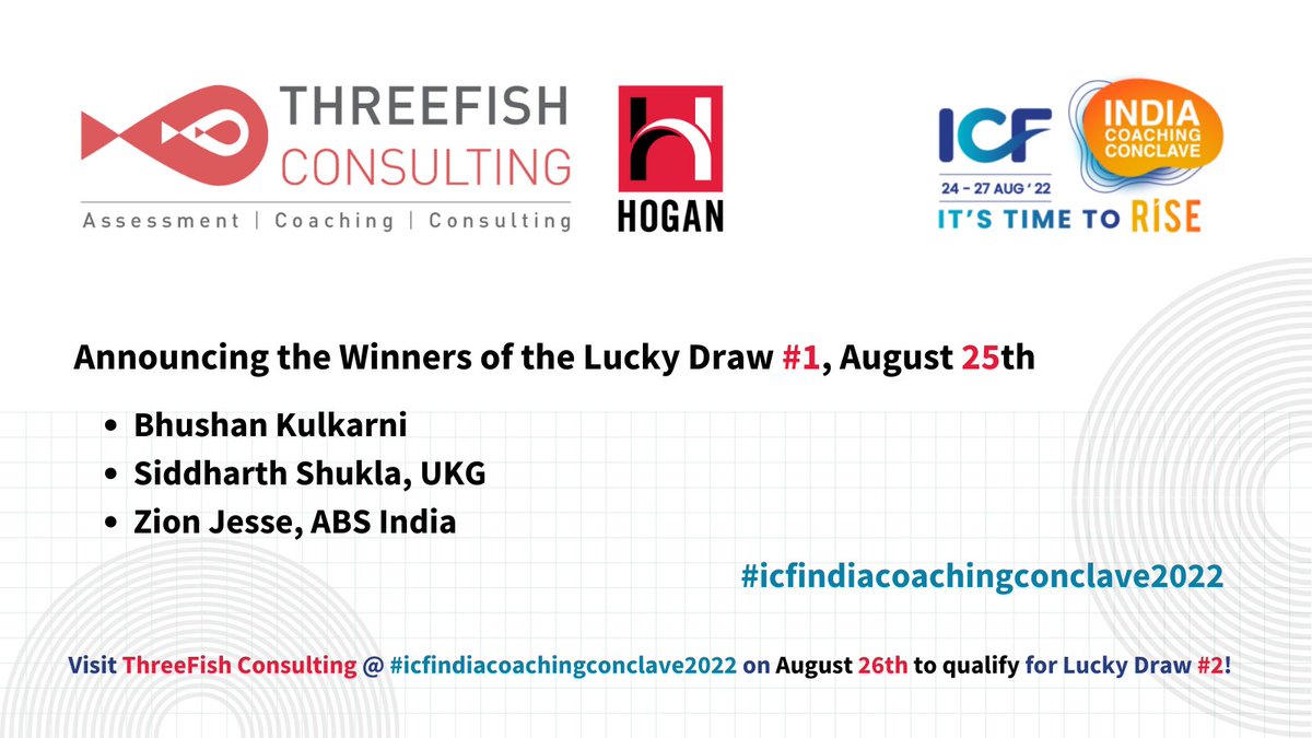 ThreeFishIndia's tweet photo. We are happy to announce the winners of the Lucky Draw #1 at our #icfindiacoachingconclave2022 Virtual Booth. Congratulations to you all on winning a Hogan Insight Reports Bundle!
Please contact akanksha@threefish.in to collect your prize. @IcfMumbai @HoganAssessment https://t.co/jjFRNs6xGH
