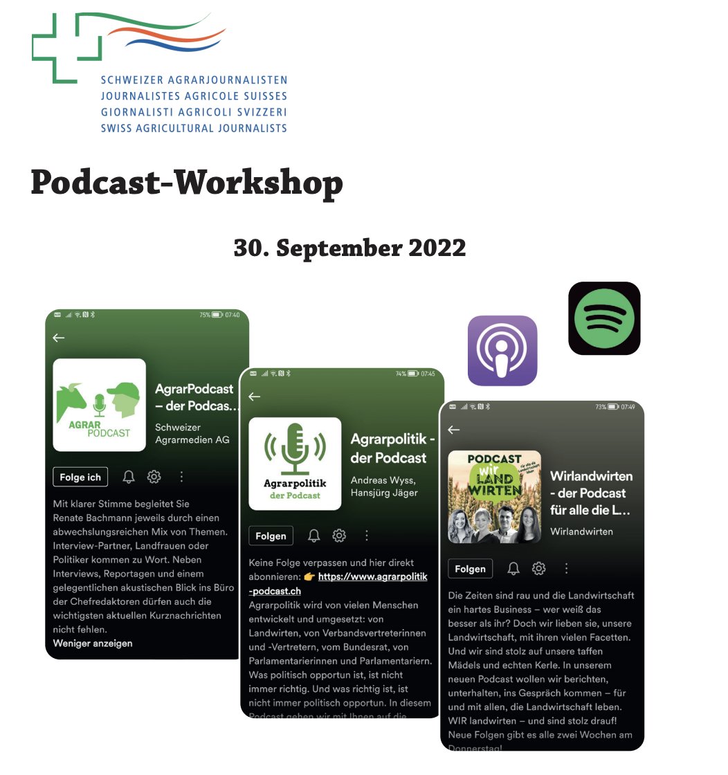 Die Schweizer Agrarjournalisten führen am 30. September einen Podcast-Workshop durch. Es hat noch freie Plätze! Auch Nicht-Mitglieder können teilnehmen. 
agrarjournalisten.ch/home-deutsch/t…
