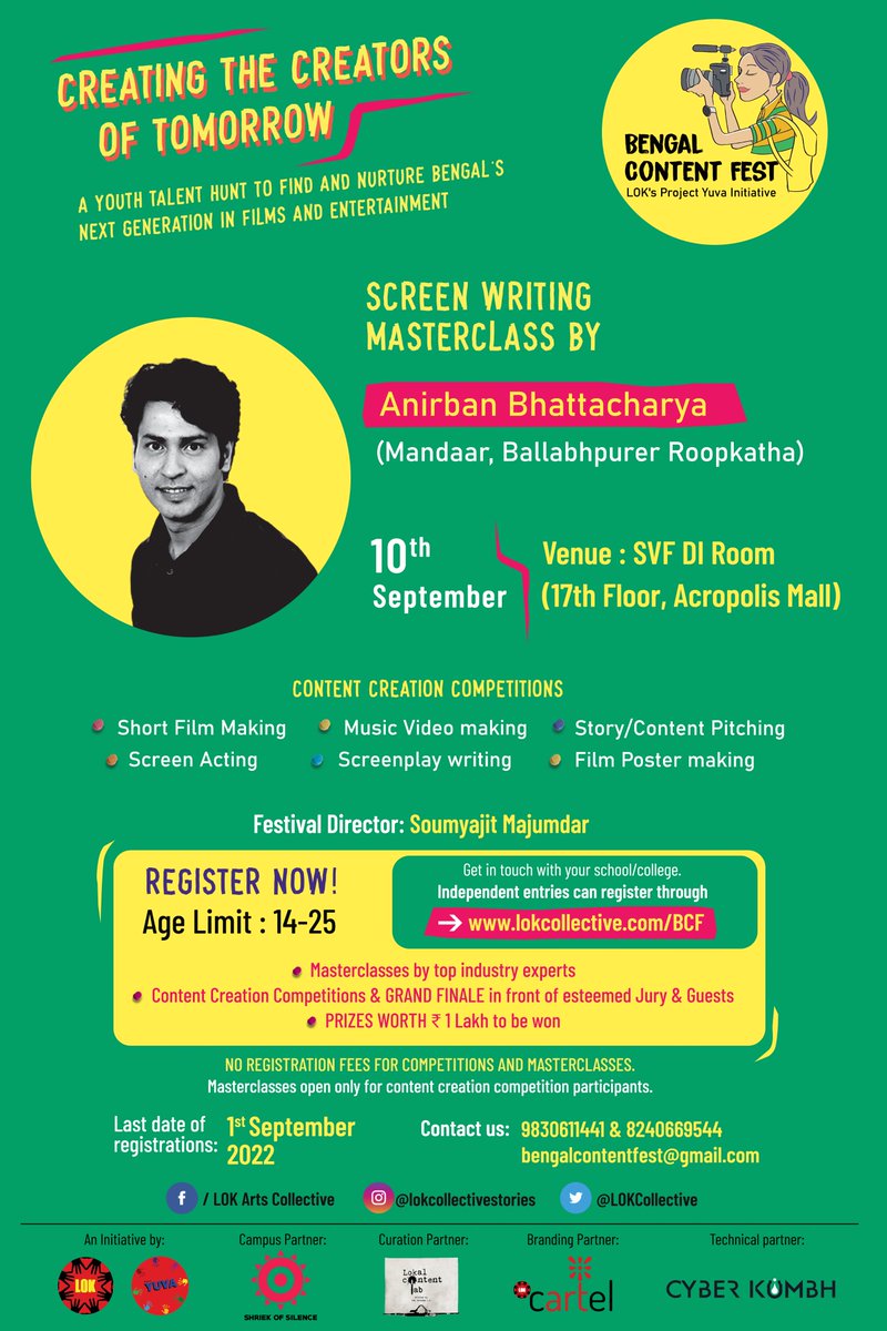 Delve deep into the craft of screenwriting with Anirban Bhattacharya at LOK Project Yuva's initiative Bengal Content Fest supported by SVF.

Register now on lokcollective.com/BCF. 

<a href="/AnirbanSpeaketh/">Anirban Bhattacharya</a> <a href="/LOKCollective/">Lok Arts Collective</a> <a href="/soumyajitLOK/">soumyajit majumdar</a>
<a href="/AhanaSVF/">AhanaK</a> <a href="/abhishekdagaa/">abhishek daga</a>