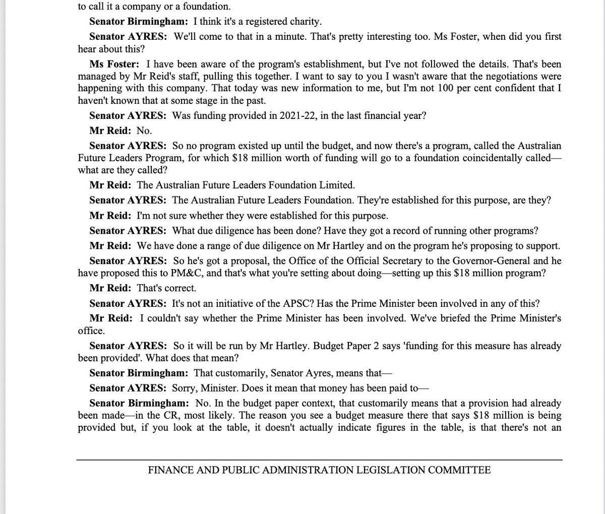 RonniSalt's tweet photo. PM&amp;C were asked how an organisation with no staff, no address, no phone number, no website &amp; no publicly available activity managed to attract such a vast sum of funding with no grant.

Unfortunately PM&amp;C appeared to be less than familiar with what the program was actually about. https://t.co/OhIUf3Vf39