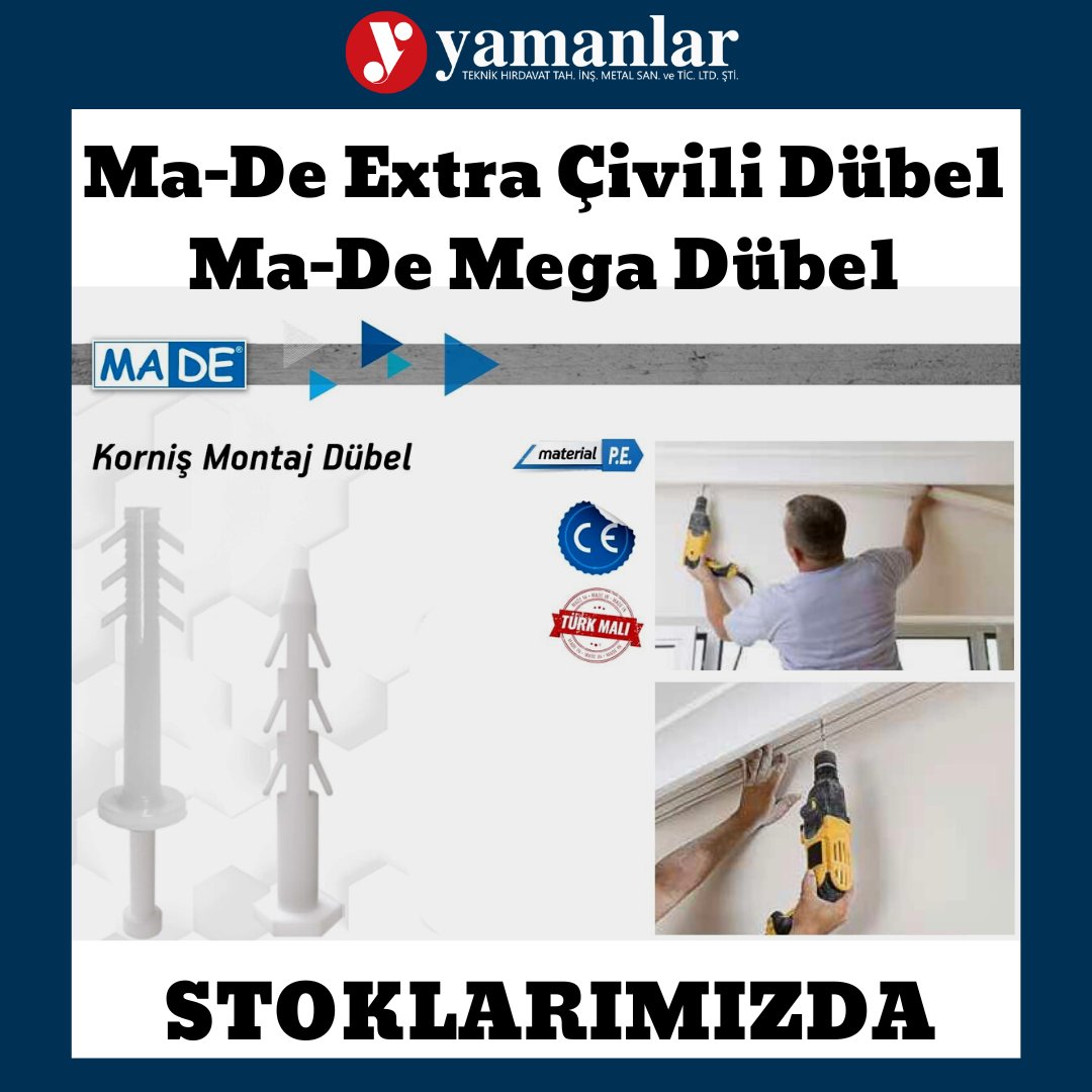 Ma-De Extra Çivili Dübel ve Ma-De Mega Dübel

STOKLARIMIZDA

#Yamanlar #Made #madeinturkey #Samsun #üretim #plastik #tileleveler #tilespacer #hardware #hardwareshop #hardwaretools

yamanlargrup.com.tr
n11.com/magaza/hirdava…
hepsiburada.com/magaza/hirdava…
trendyol.com/magaza/hirdava…