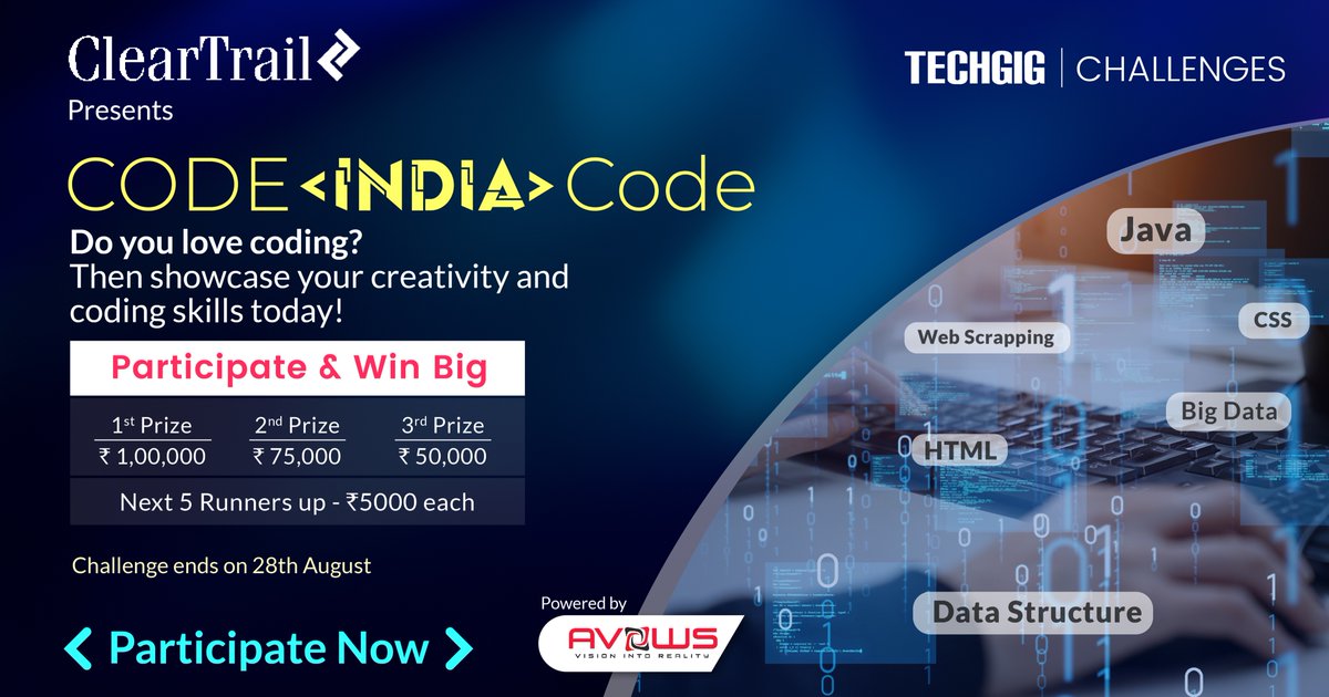 techgigdotcom's tweet image. Here is your chance to win amazing prizes worth ₹ 2,50,000. Inviting all #coders 👨🏻‍💻👩🏻‍💻 to participate in the coding competition, #CodeIndiaCode with ClearTrail Technologies,➡️ bit.ly/3dhY2uj. It’s time to get you to acknowledge &amp;amp; celebrate your #coding #skills! 
#TechGig