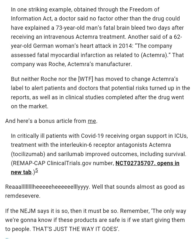 ivanajpavlovic's tweet photo. Remember, ‘The only way we’re gonna know if these products are safe is if we start giving them to people. THAT’S JUST THE WAY IT GOES’. #Actemra #Tocilizumab #Sarilumab #Roche #COVID19 #ICU #Interleukin6 https://t.co/MSaC0KROBp