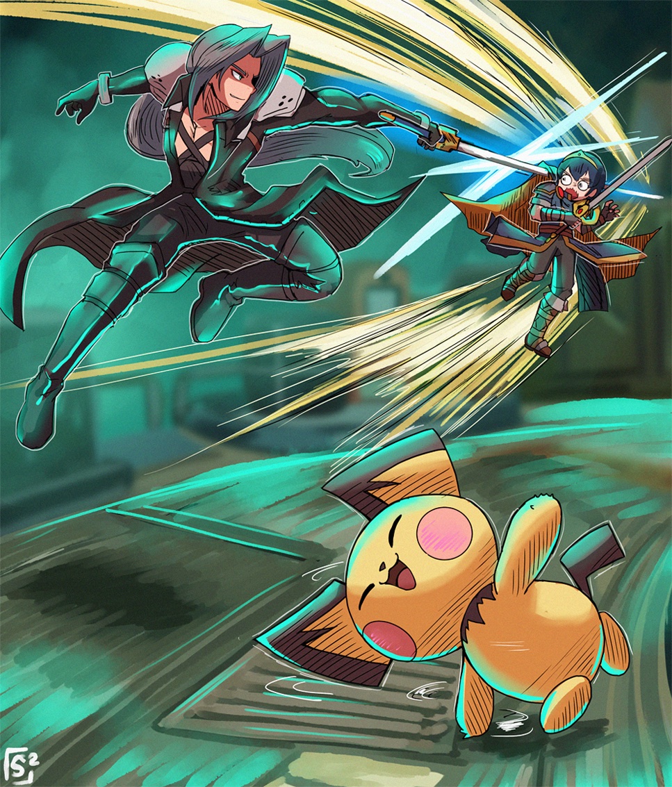 pichu ,pikachu ,sephiroth pokemon (creature) weapon sword multiple boys long hair 2boys gloves  illustration images