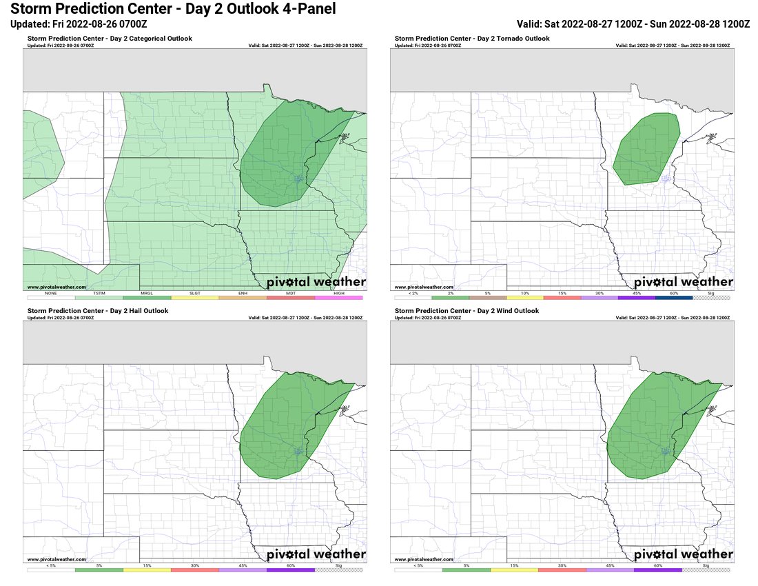 The Marginal Risk remains in parts of Minnesota & Western Wisconsin for Saturday. All severe hazards are possible.

However, some uncertainties exist with the broader OWS scheme concerning potential capping preventing convection. HRRR wants a SE MN target.

#mnwx #wiwx #weather https://t.co/ZAMdY36S0h