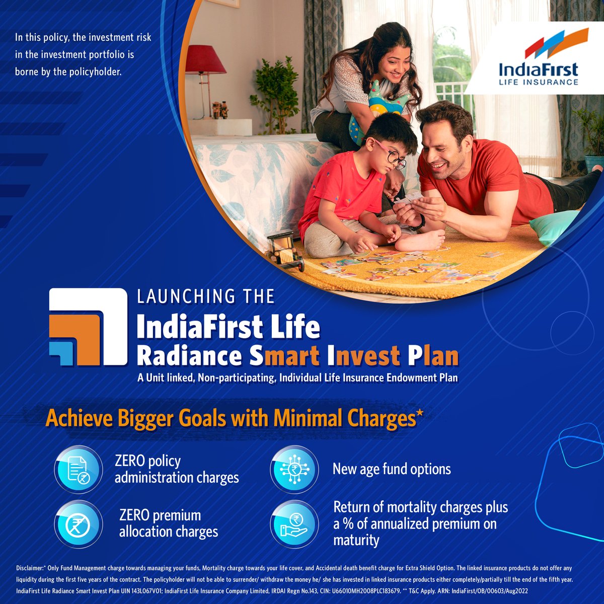 IndiaFirst_Life's tweet photo. Presenting THE SMARTEST PLAN ever - IndiaFirst Life Radiance Smart Invest Plan. It will help you achieve #goals &amp; lead a #betterlife with attractive #benefits like zero policy administration charges &amp; zero #premium allocation charges: https://t.co/iGApSV8UFD
#RSIP #NewPlanLaunch https://t.co/Ze7sK7rwpf