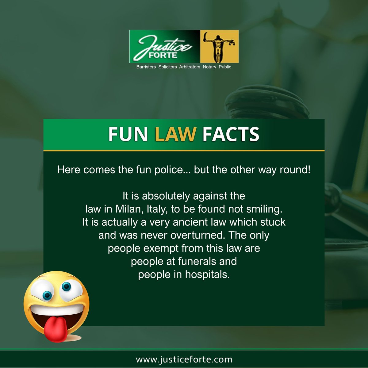 JusticeForte's tweet photo. FUN LAW FACTS😉😉
Here comes the fun police... but the other way round! It is absolutely against the law in Milan, Italy, to be found not smiling.
🙃🙂🙃🙂
#fridaymorning
#fridayvibes
#justiceforte #milan #italy #fun #police https://t.co/wzneMIKaIZ