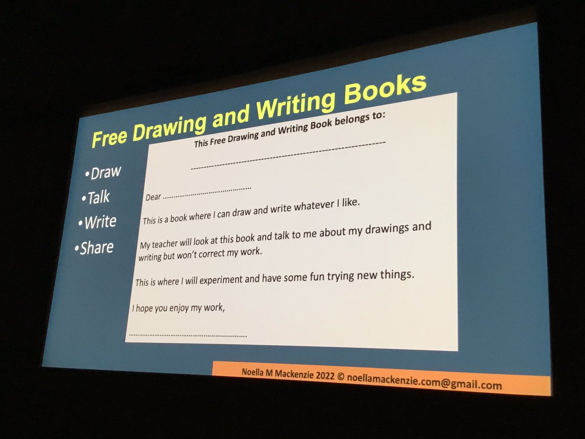 Draw, talk, write, share = pedagogical model not a program. Use of a free draw &amp; write book is used to promote discussion between teacher &amp; student, with no corrections. @NoellaMackenzie <a href="/ALEA_ACMI2022/">ALEA_ACMI2024</a> #literacy #writing #earlyyears