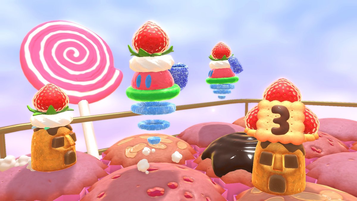 Nintendo_Korea's tweet photo. 커비의 드림 뷔페에서는 「별의 커비」 시리즈의 적 캐릭터들도 디저트 모습이 되어 등장합니다!
레이스 중에 부딪히지 않도록 주의해 주세요.
낯익은 위스피 우드도 등장! 커비와 부딪히면 딸기를 내려준답니다~!
#커비의드림뷔페 https://t.co/2bc5udd9v8