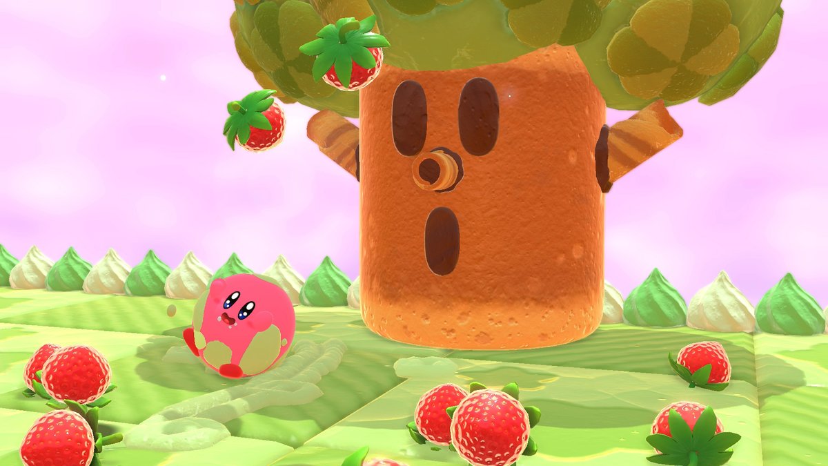 Nintendo_Korea's tweet photo. 커비의 드림 뷔페에서는 「별의 커비」 시리즈의 적 캐릭터들도 디저트 모습이 되어 등장합니다!
레이스 중에 부딪히지 않도록 주의해 주세요.
낯익은 위스피 우드도 등장! 커비와 부딪히면 딸기를 내려준답니다~!
#커비의드림뷔페 https://t.co/2bc5udd9v8