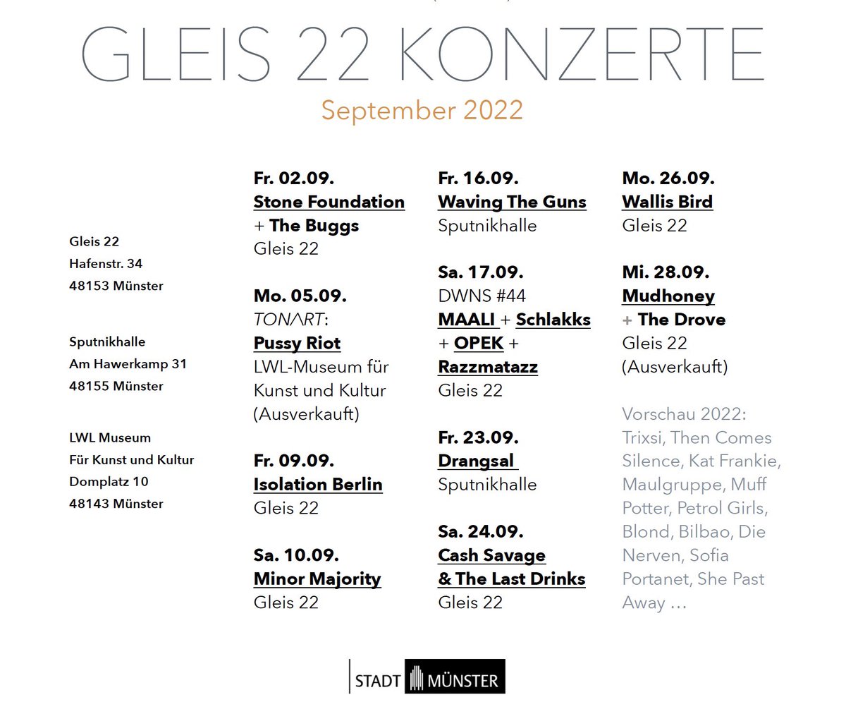 Gleis22's tweet photo. Der September 22 im Gleis 22. #münster #konzerte #indie #northernsoul #pop #gehtmehraufKonzerte #gleis22 @stonefoundation @IsolationBerlin @minormajority #pussyriot #wavingtheguns #drangsal #cashsavage @wallisbird @mudhoney @lwlmkk https://t.co/C56aAfwGo5