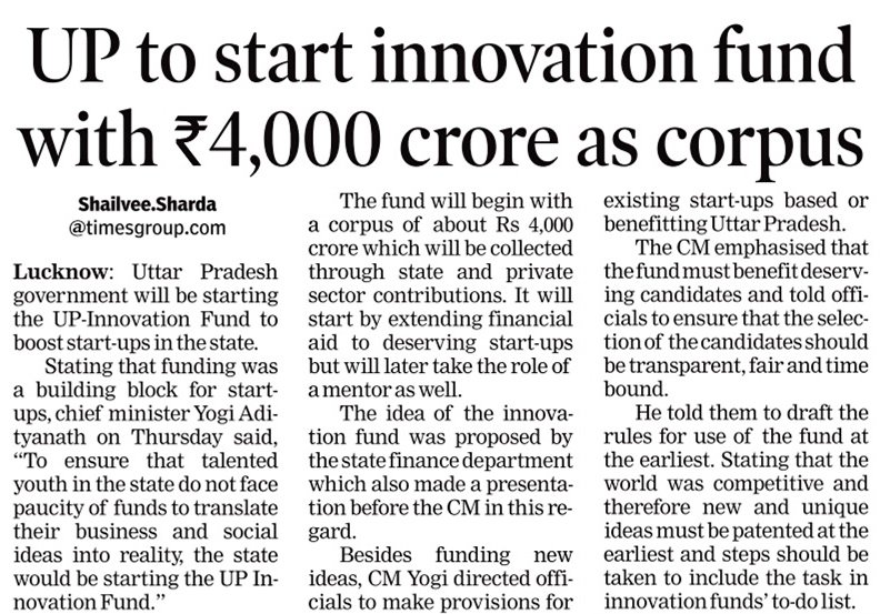 I thank  CM Shri <a href="/myogiadityanath/">Yogi Adityanath</a> Ji for approving the 4000 Crores Innovation Fund for UP, <a href="/ChiefSecyUP/">S.P. Goyal, Chief Secretary, GoUP</a>, and <a href="/UPGovt/">Government of UP</a> officials for the formation of UP #InnovationFund in just 3 months!
Clear Fund's Guidelines &amp; Policy to be prepared for a time-bound disbursal process! <a href="/anilarch/">Anil Agrawal</a>