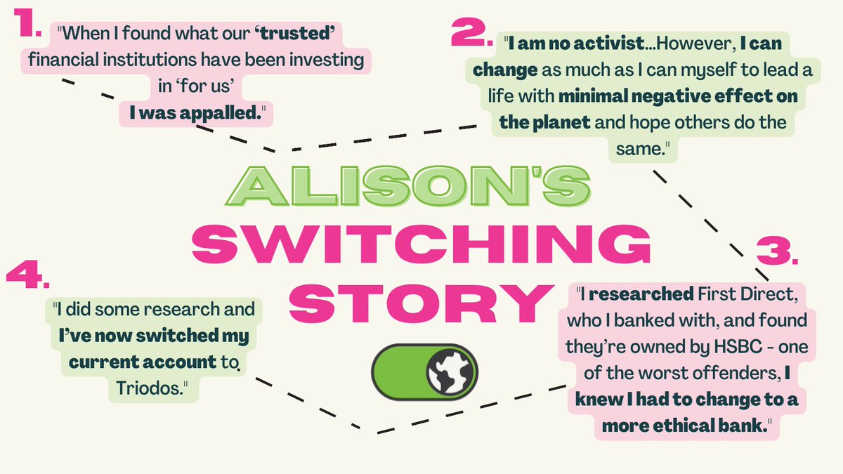 You don’t have to be a #ClimateActivist to have a big (positive) impact on the planet. 

What’s your switching story?

#FossilFree #GreenBanking #SwitchIt #ClimateAction #PositiveNews