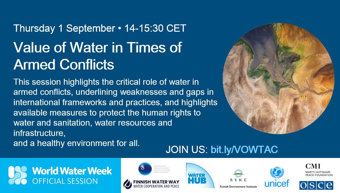 See YOU at Stockholm #WWWeek2022 session on "Value of #Water in Times of Armed Conflicts" to feed into #UNWater2023 interactive dialogues.

We <a href="/FinWaterDiplo/">Finnish Water Diplomacy</a> Together with <a href="/SYKEinfo/">Suomen ympäristökeskus</a> <a href="/Ulkoministerio/">MFA Finland 🇫🇮</a> <a href="/GenevaWaterHub/">Geneva Water Hub</a> <a href="/UNICEFwater/">UNICEF Water</a> <a href="/OSCE/">OSCE</a> <a href="/cmioffice/">CMI – Martti Ahtisaari Peace Foundation</a> . 

Thank You <a href="/SuviSojamo/">Suvi Sojamo</a> et al