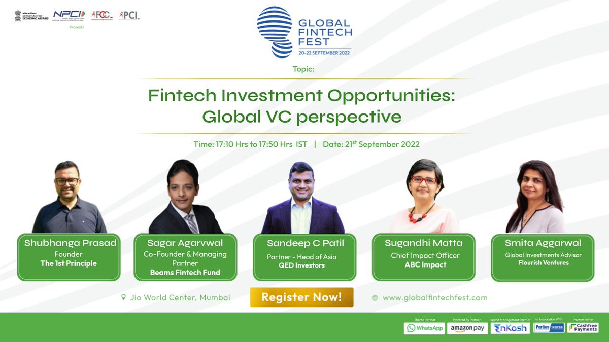 Join us at the Global Fintech Fest on 21st September at <a href="/JWCCMumbai/">Jio World Convention Centre</a> for a panel on "Fintech Investment Opportunities: Global VC Perspective"
<a href="/smitaaggarwal/">smita aggarwal</a> <a href="/SagarAgarvwal/">Sagar Agarwal</a> <a href="/SandeepCPatil/">Sandeep C Patil</a> @sugandhaprasda @sugandhimatta 

Register now: bit.ly/3bViMYe