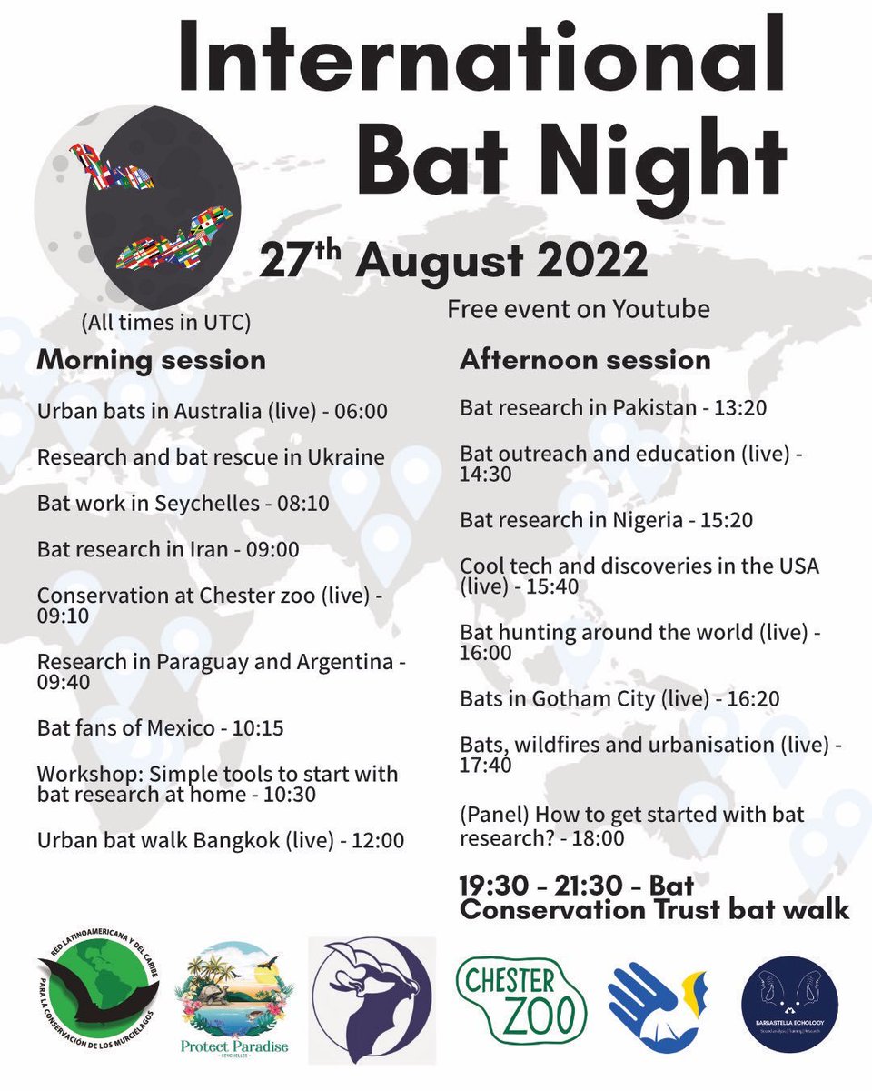 Saturday 27th of August is the 26th #InternationalBatNight we will be joining @NilsBouillard on his round the world celebration of bats and the people working to protect and study them. Join in via youtu.be/5OK-9AS47Zw #lovebats ❤️🦇