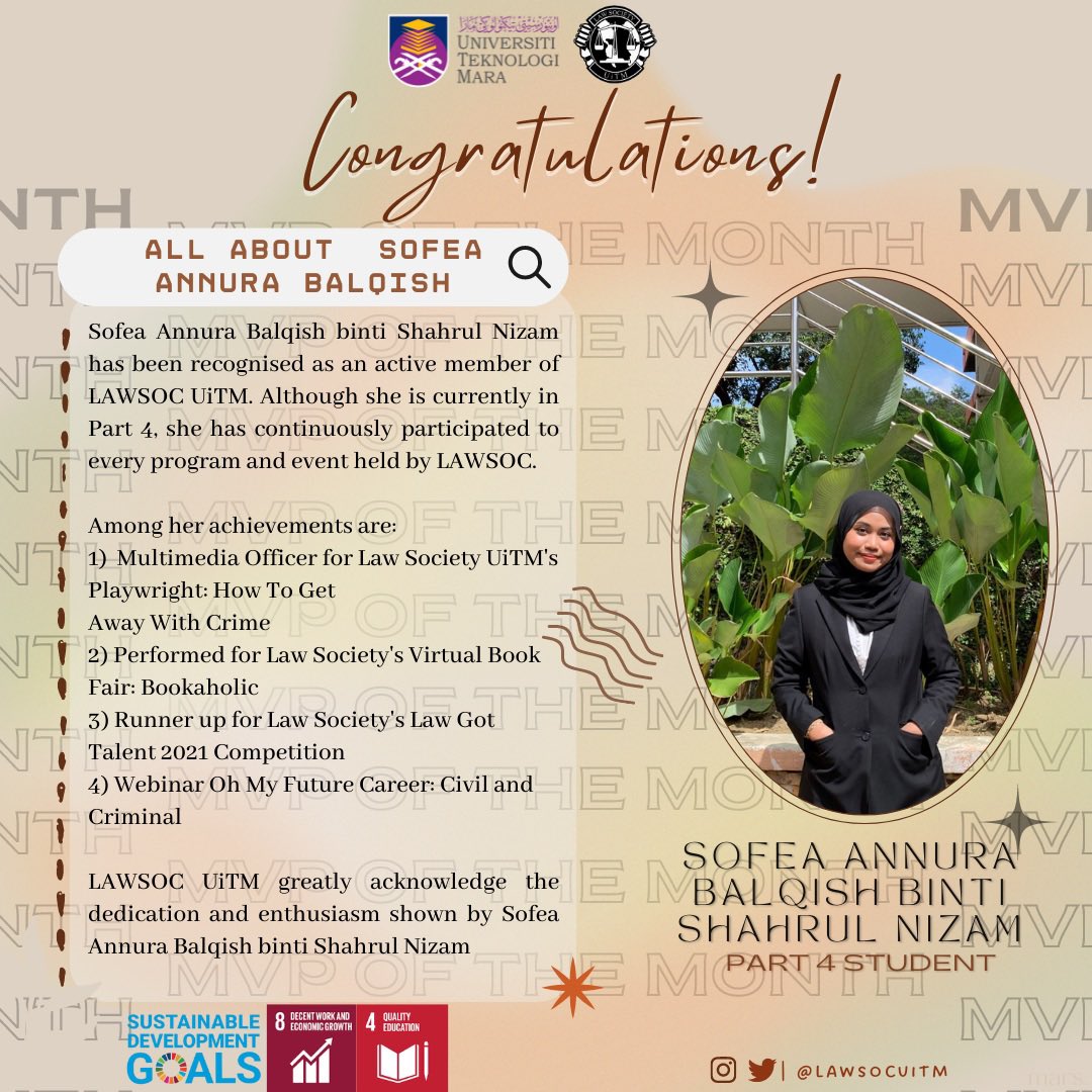 LawSocUitm's tweet photo. Heartiest congratulations to Sofea Annura Balqish for being chosen as the MVP for August 2022! 🌟

We hope that the members of Law Society UiTM will be inspired by her hard work and achievements and strive to be next month’s MVP! 🤩 https://t.co/ik3l30ArLX