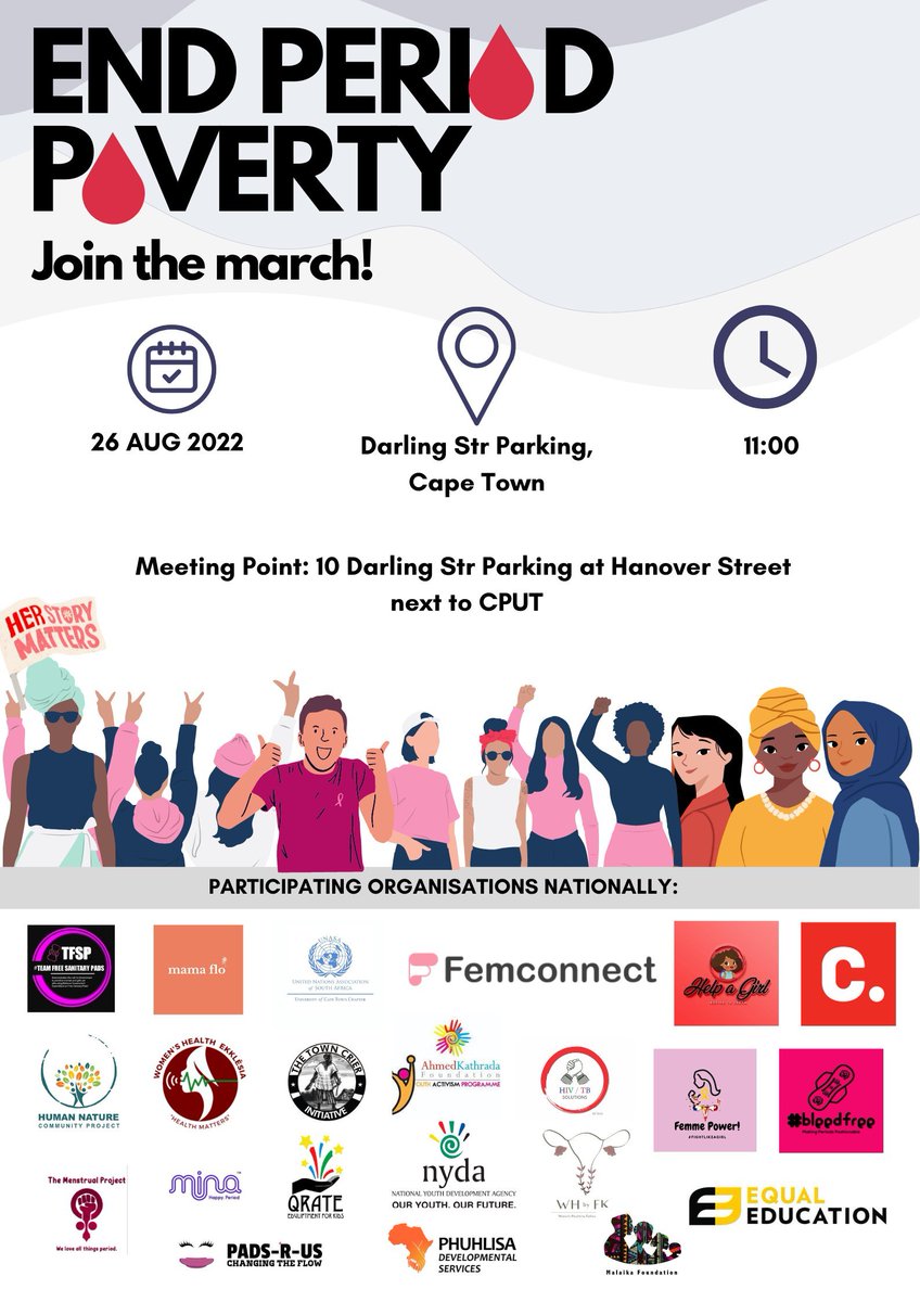 TokoMasemola's tweet photo. Peaceful walks for Menstrual rights and Free Sanitary Pads for all

Pretoria meeting point: Union Buildings

Cape Town meeting point: 10 Darling Street Parking, and Hannover Street next to CPUT.

@LucyPearl_khofi
@NNdwandweLegacy
@fem_connect
@DWYPD_ZA
@ason
@ParliamentofRSA https://t.co/4eCIVMTQmU