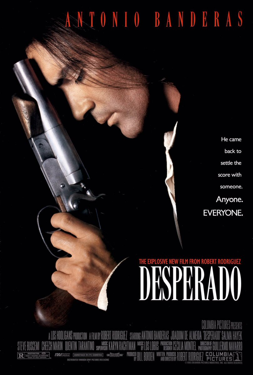 FilmNewsNos's tweet photo. 🎬MOVIE HISTORY: 27 years ago today, August 25, 1995, the movie ‘Desperado’ opened in theaters!
#AntonioBanderas #JoaquimDeAlmeida @salmahayek #SteveBuscemi #CheechMarin #QuentinTarantino #CarlosGomez #TitoLarriva #DannyTrejo #CarlosGallardo #AngelAviles #RobertRodriguez https://t.co/iW20hMJBVH