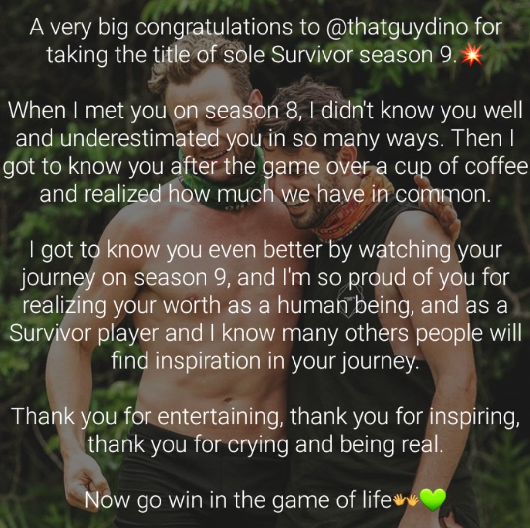 A massive Survivor fan winning the ulitmate game of #SurvivorSA, breaking the car curse along with it and reminding so many people around the world that you can only love hard, if you learned how to love yourself.👐 

Priceless.🎉

Congratulations <a href="/AlsoDino/">Dino Paulo</a>