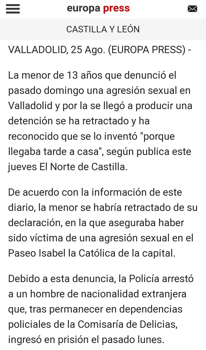 WillyTolerdoo's tweet photo. Una menor de 13 años de Valladolid se inventa una agresión sexual porque llegaba tarde a casa. El acusado inocente llegó a entrar en prisión. Para reflexionar. https://t.co/UqjpfsNfRV