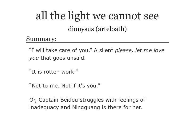 arteloath's tweet photo. “all the light we cannot see”

— a #beiguang oneshot. 
— 9k words
— tender sex, hurt/comfort, strap-ons, sickfic, self-image issues, fluff and smut, aftercare

🔗https://t.co/wfs6YHiWZg #beidou #ningguang https://t.co/knHnSNWyNy