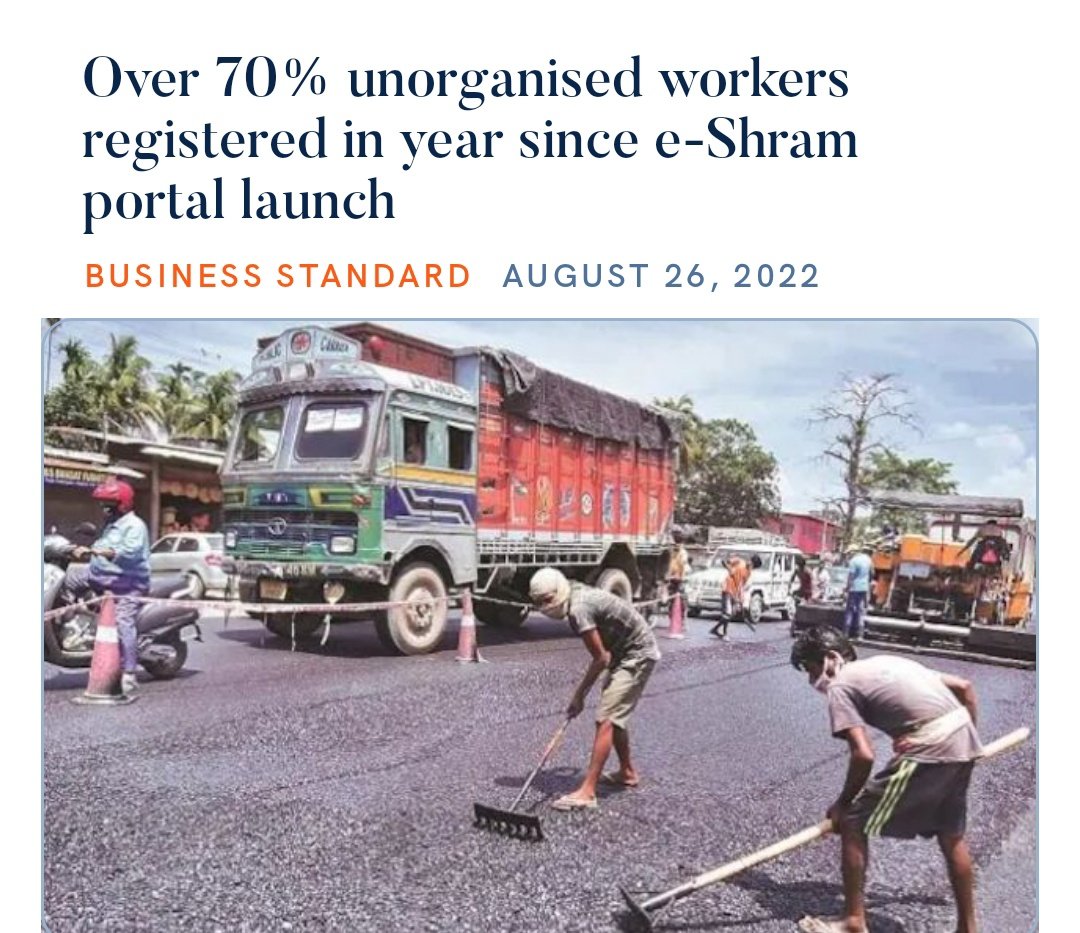 Radhika1009's tweet photo. #e_Shram
Workers registered on the portal are given accidental insurance cover.They are eligible for ₹ 2 lakh on death or permanent disability & ₹ 1 lakh in the case of partial disability.About ₹704 cr has been budgeted for the portal for 5 yrs .285.1 mn workers got the card https://t.co/jDofle7RiA