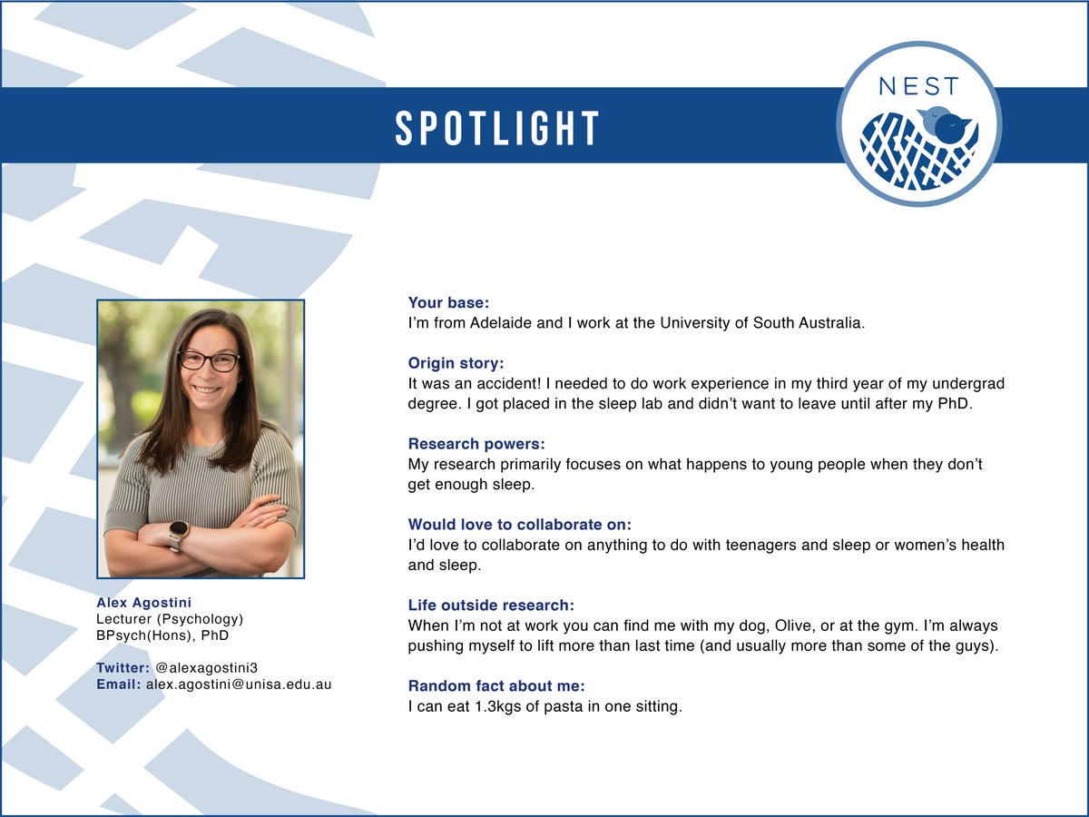 asa_nest's tweet photo. Ending the week with our next NEST Spotlight! This week we have @AlexAgostini3, an ECR &amp; psychology lecturer at @UniversitySA. Alex researches sleep, health, wellbeing, &amp; development, with a particular focus on adolescent/teen sleep 😴. She may also be the NEST pasta champion 🍝 https://t.co/NMloirPe0v