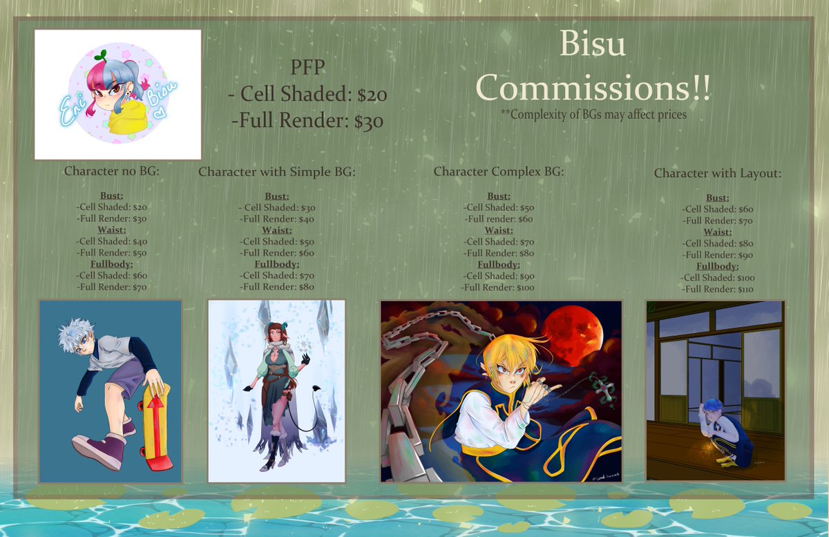 enibisu's tweet photo. Hello Everyone! I am officially opening commissions!! It would be so amazing if you wonderful little sprouts could share this around <333 #VTuberEN #Commission #characters https://t.co/r16iHaOTCq