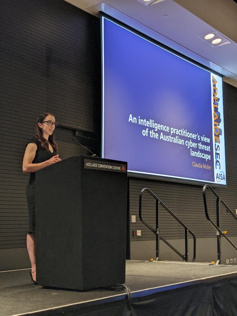 CyberCX's tweet photo. CyberCX Lead Cyber Intelligence Analyst Claudia M. delivered her talk ‘An intelligence practitioner’s view of the Australian cyber threat landscape’ to a packed room at #AdelaideSEC discussing why an intelligence-led, holistic approach is so important to addressing cyber security https://t.co/lEUnuIM6hT
