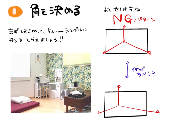①角を決める
・広角になりすぎ注意!!
パースが強過ぎて歪みが大きくなるとキャラがのせにくく、演技しにくくなる。
・撮影の段階で広角と俯瞰に注意。アイレベルは腰高80センチくらいがベター。
・部屋の角がわかることでその後に家具がのせやすくなる。 