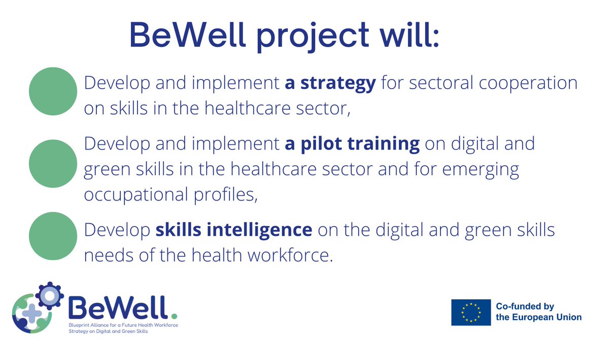 BeWellProjectEU's tweet image. 💡Over the next 4 years (2022-2026), #BeWellEU project, led by @EHMAinfo will develop a green and digital skills strategy for the health ecosystem  for a local, regional, national &amp;amp; European level. 
Follow our journey ➡️help us transform health care in the EU! #PactForSkills