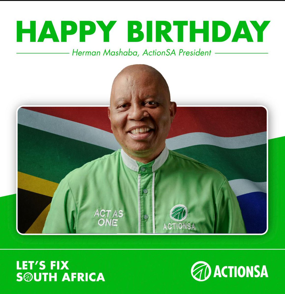 Action4SA's tweet photo. #HappyBirthdayHermanMashaba

Today, we celebrate a man with the bravery to leave the comfort of business, and stand up for the people of South Africa.

Thank you @HermanMashaba for showing SA what is possible 🇿🇦💚 https://t.co/zwenwKEx9e