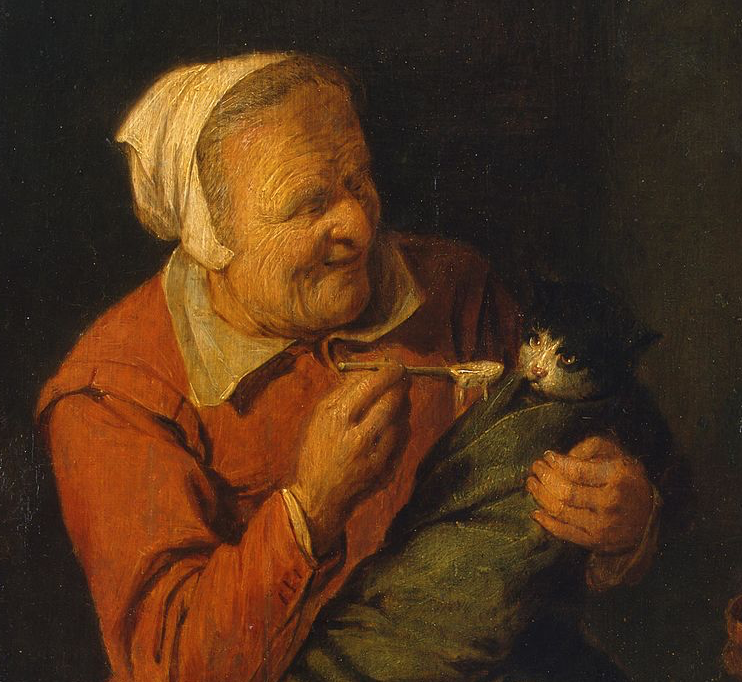 Good news! I found a bunch of paintings of people throughout history spoon feeding cats like babies. First, this peasant woman with a cat, ca. 1640 - 1642. commons.wikimedia.org/wiki/File:Davi…