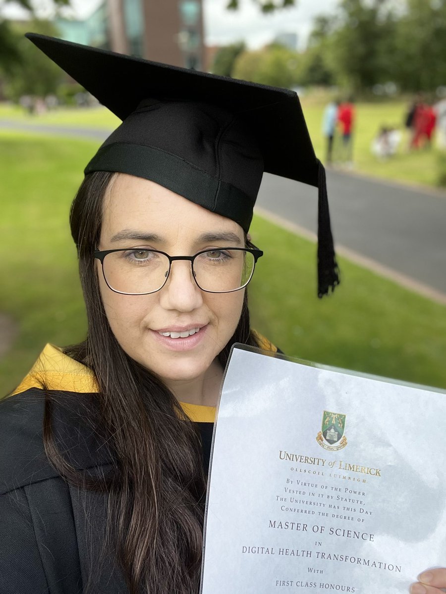 SarahGBoland's tweet photo. Delighted to graduate from the MSc #DigitalHealthTransformation @UL 🤗Great to meet the Class22 who were awesome with amazing projects. Thanks to Annette McElligott @UL @HSE_DA @martingcurley1 & the lecturers across the country. Excited to continue #a11y #DigitalHealthInclusion https://t.co/sDeu5xBY91