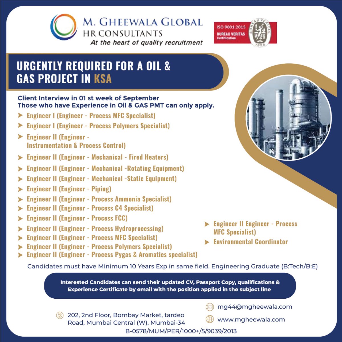 mgheewala_hrc's tweet photo. Job Vacancies for #SaudiArabia

Interested Candidates can send the updated resume to mg44@mgheewala.com

Learn More https://t.co/Ps4bxvjpD1

#mfcspecialist #polymerspecialist #processcontrol #instrumentcontrol #firedheaters #rotatingequipment #staticequipment #piping #saudijobs https://t.co/ZeN53uILh3