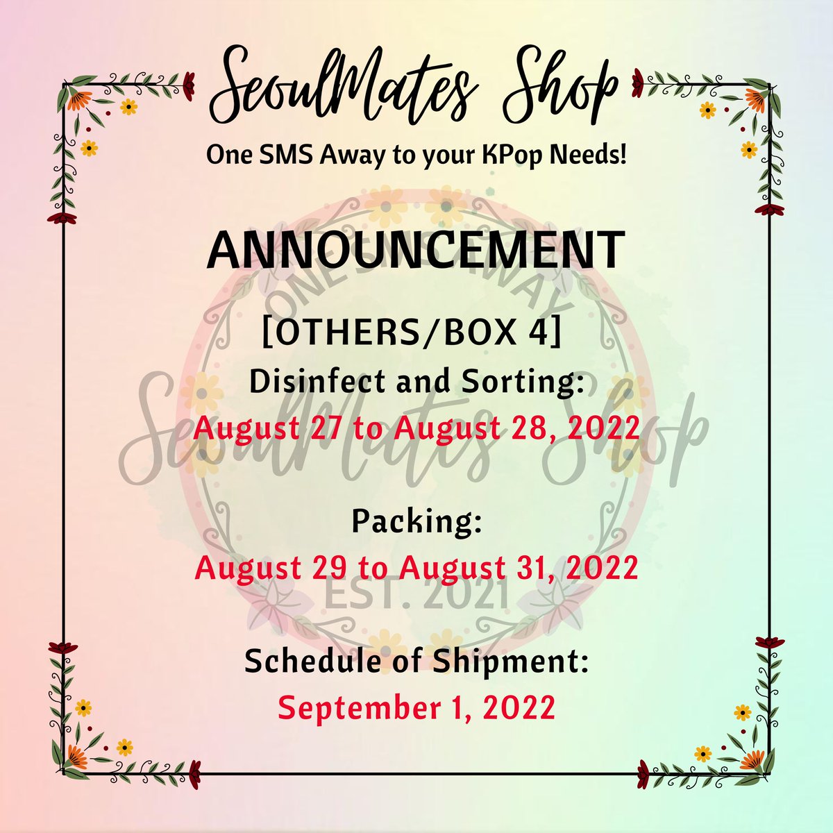 shopseoulmates's tweet photo. #SMS_Updates | OTHERS/BOX 4
β AUGUST 26, 2022 β
ARRIVED IN PH ADDRESS ALREADY
1οΈβ£ Disinfect
2οΈβ£ Sort
3οΈβ£ Pack
For those with remaining balance (pf), kindly settle it for your orders to be shipped out~
https://t.co/yLPWcaCsi8 https://t.co/BhZqs5xPRq