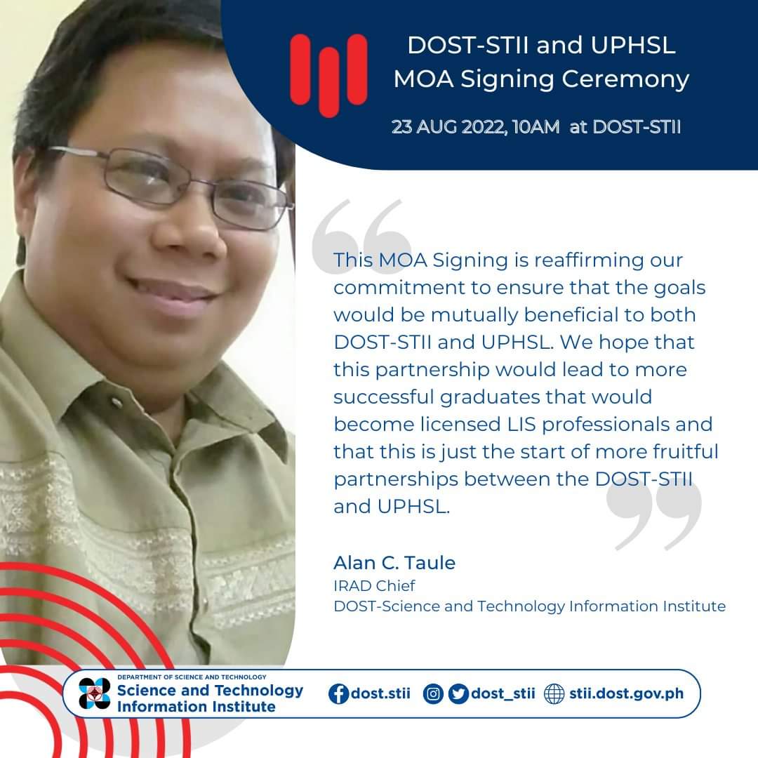 stii_library's tweet photo. LOOK: Mr. Alan C. Taule, Division Chief of IRAD, DOST-STII expressed his gratitude for the renewed partnership with the University of Perpetual Help System Laguna during the DOST-STII and UPHSL MOA Signing Ceremony held 23 August 2022.

#dostSTII #doststiilibrary #OneDOST4U https://t.co/rIgzLbfQc4