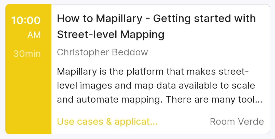 mapillary's tweet image. Want to use street-level imagery, but not sure where to begin?

Join @cbed32 and the Mapillary team at #FOSS4G2022 in Room Verde at 10am today. 

We’ll follow the session with a Mapillary capture session.