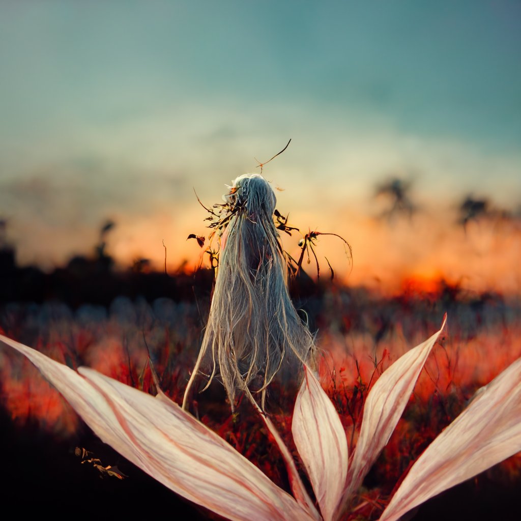 Imagine Long white-haired girl, laying down on spider lilies, sunset, 4k.