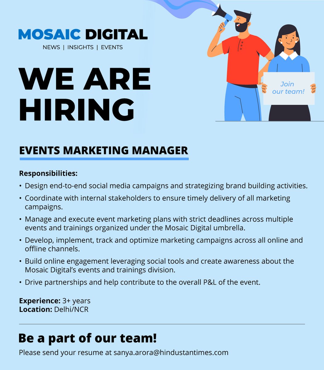 Mosaic Digital (@mosaicdigitalin) on Twitter photo #HiringAlert
<a href="/Ishitta27/">Ishitta</a> | <a href="/deepaksnegi/">Deepak Negi</a> | <a href="/SanyaArora1329/">Sanya Arora</a> | <a href="/TechCircleIndia/">TechCircle</a> | <a href="/vccircle/">VCCircle</a>
#marketingcareers #marketing #events #eventsmarketing #marketingmanager #socialmedia #brandbuilding #marketingcampaigns #delhijobs #partnerships #onlinemarketing #offlinemarketing #HiringAlert
<a href="/Ishitta27/">Ishitta</a> | <a href="/deepaksnegi/">Deepak Negi</a> | <a href="/SanyaArora1329/">Sanya Arora</a> | <a href="/TechCircleIndia/">TechCircle</a> | <a href="/vccircle/">VCCircle</a>
#marketingcareers #marketing #events #eventsmarketing #marketingmanager #socialmedia #brandbuilding #marketingcampaigns #delhijobs #partnerships #onlinemarketing #offlinemarketing